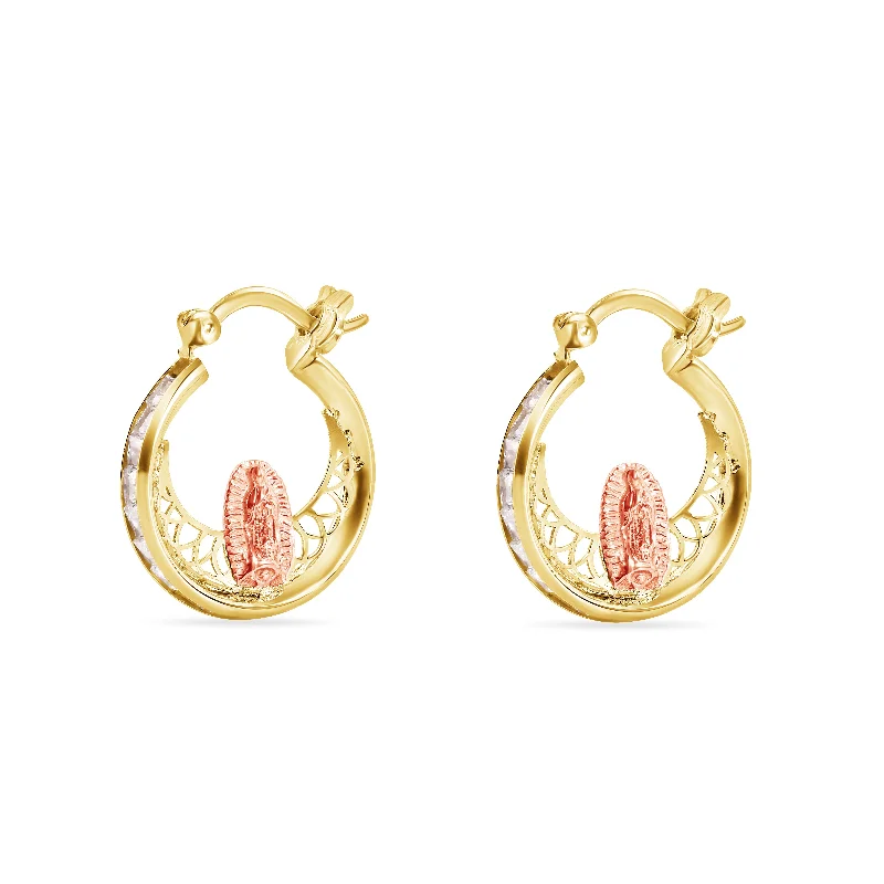 Ladies earrings recycled metal styles-14E00456. - 14 Karat Yellow Gold 17.8mm Two Tone Hoop Studded Clear CZ Our Lady of Guadalupe Latch Box Earrings