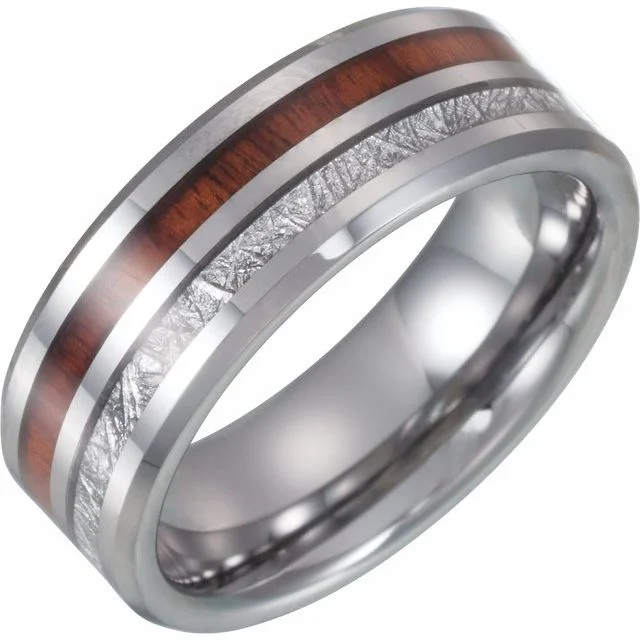 Ladies rings enamel detail rings-Tungsten Band with Imitation Meteorite & Wood Inlay