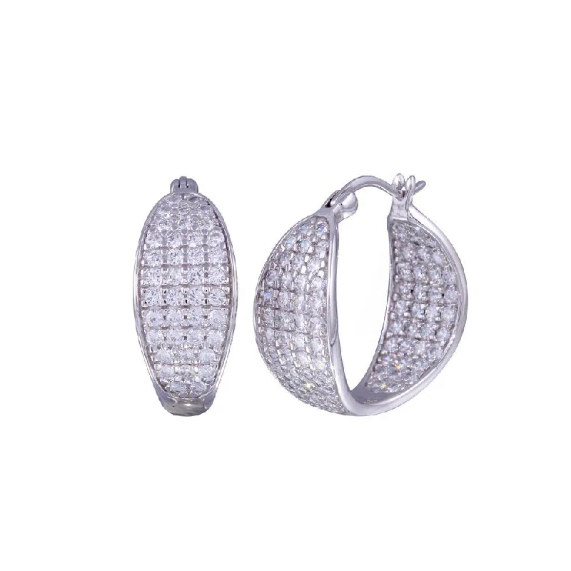 Ladies earrings metallic sheen styles-Silver 925 Rhodium Plated Thick Round Pave Cluster CZ Hoop Earrings - STE00508