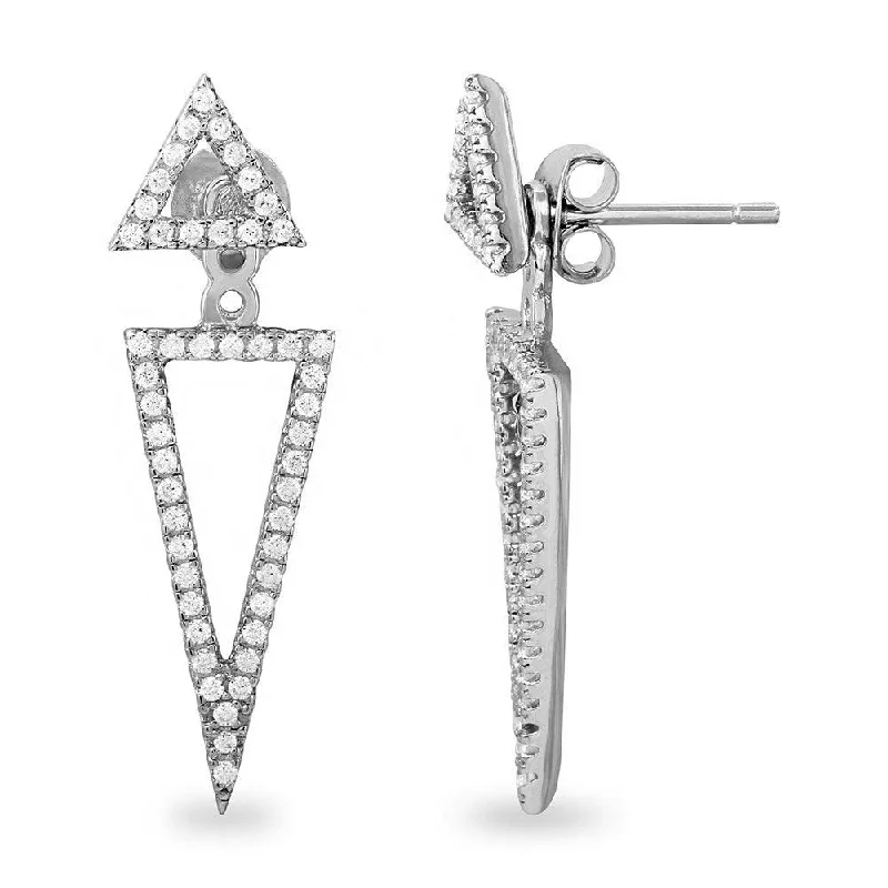 Ladies earrings retro charm designs-Silver 925 Rhodium Plated Double Open Triangle CZ Earrings - BGE00485