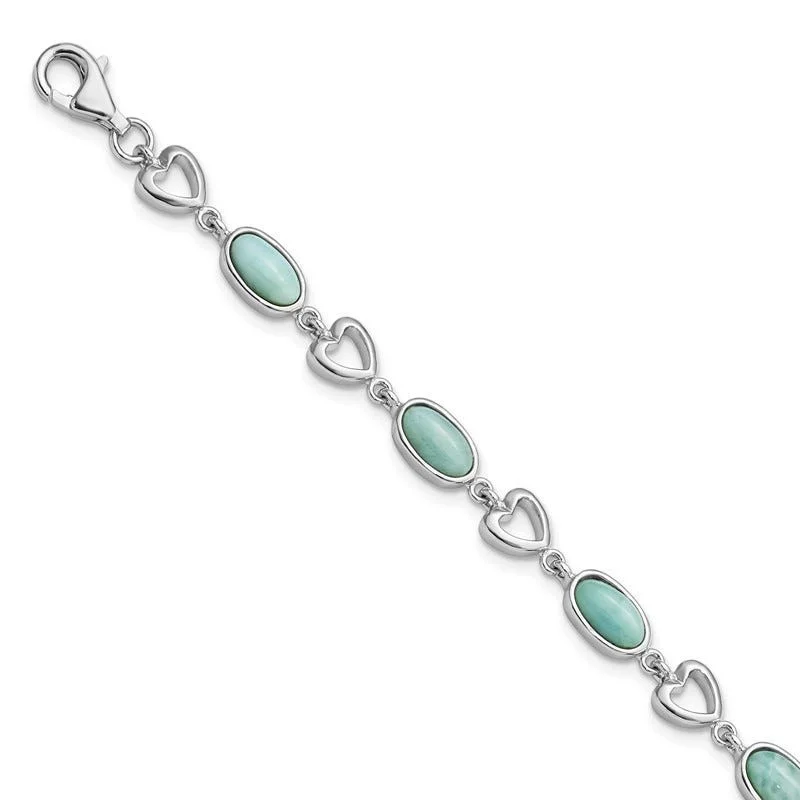 ladies bracelet ornate diamond-Sterling Silver Rhodium-plated Polished Oval Larimar & Heart Bracelet