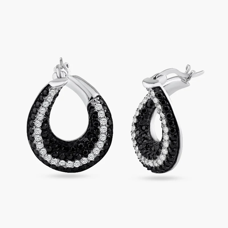 Ladies earrings angled cut earrings-Clearance-Silver 925 Black and Silver Rhodium Plated Teardrop CZ Hoop Earrings - STE00556