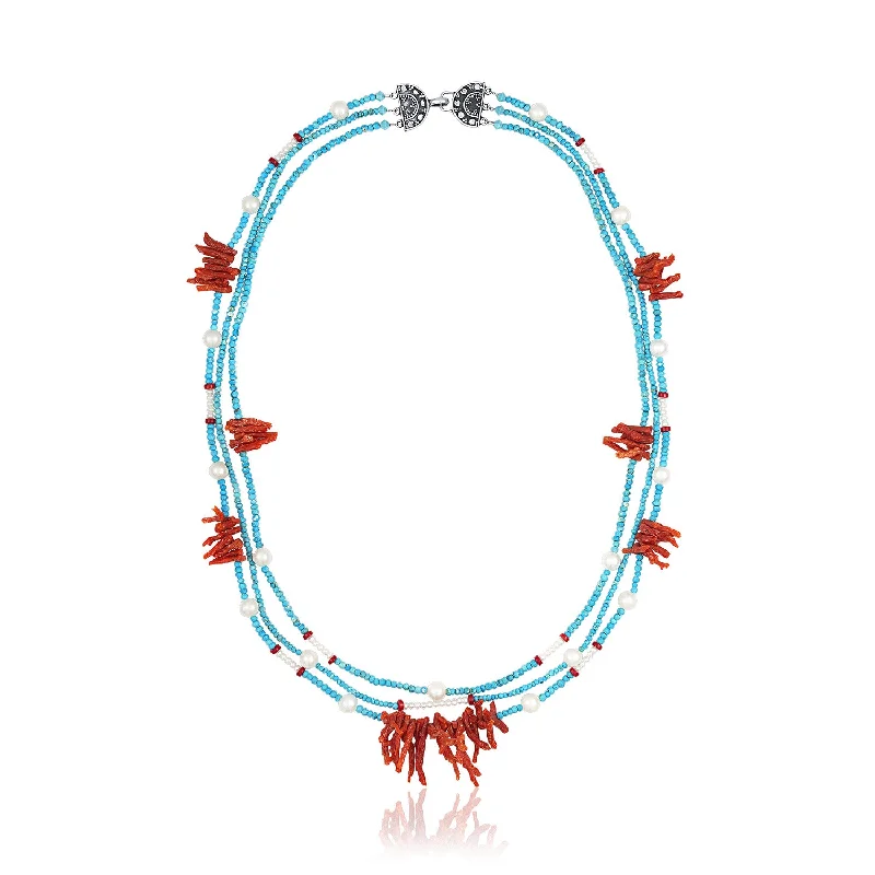 ladies necklace polished turquoise-Turquoise, Red Coral and Pearl Three Strand Necklace