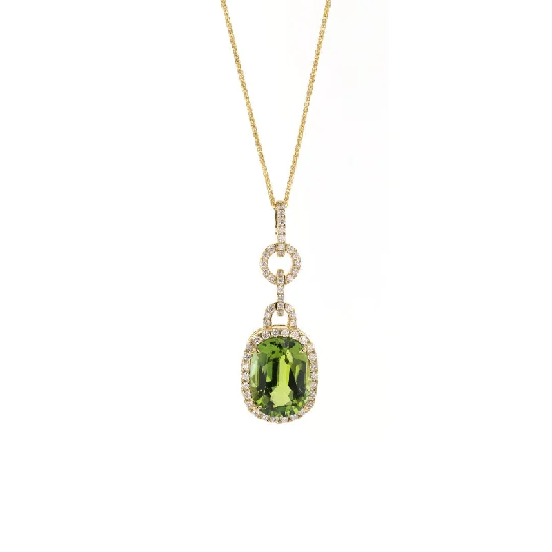 ladies necklace solitaire twisted-Oval Green Tourmaline & Diamond Halo Pendant Necklace