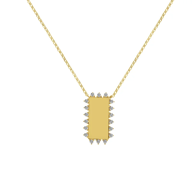 ladies necklace sapphire satin-Engravable Rectangular Gold and Diamond Necklace