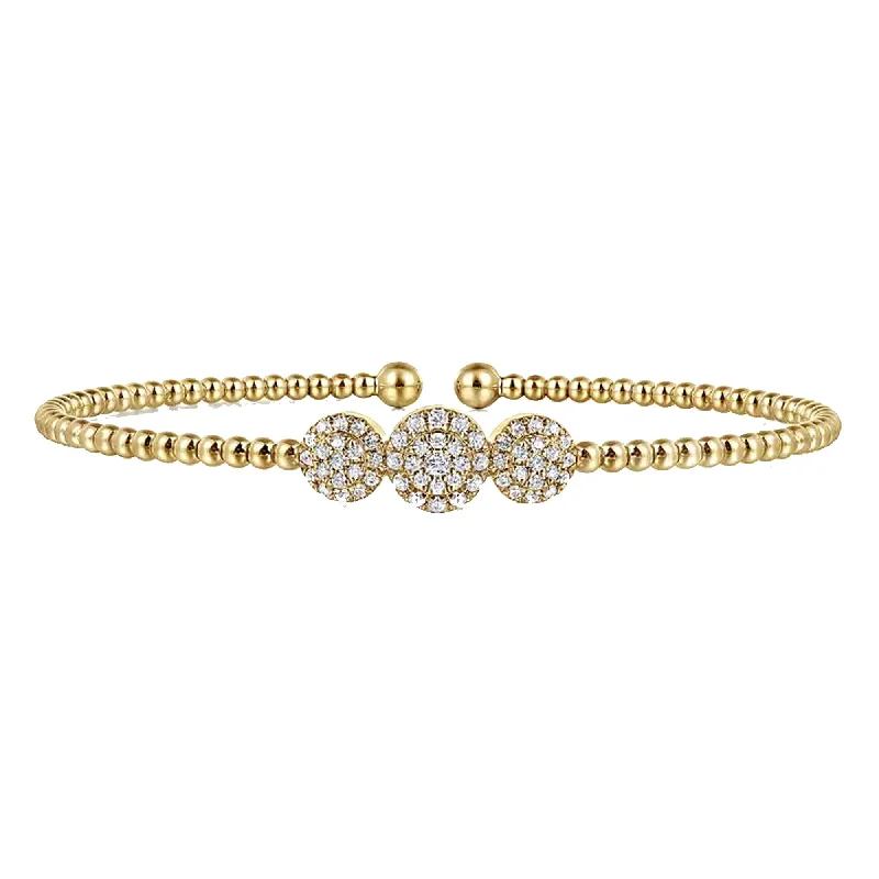 ladies bracelet feather twisted-Gabriel 14K Yellow Gold Bujukan Bead Cuff Bracelet with Three Pave Diamond Stations