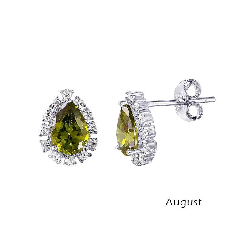 Ladies earrings thoughtful birthday surprises-Rhodium Plated 925 Sterling Silver Teardrop Halo CZ Birthstone Earrings August - STE01027-AUG