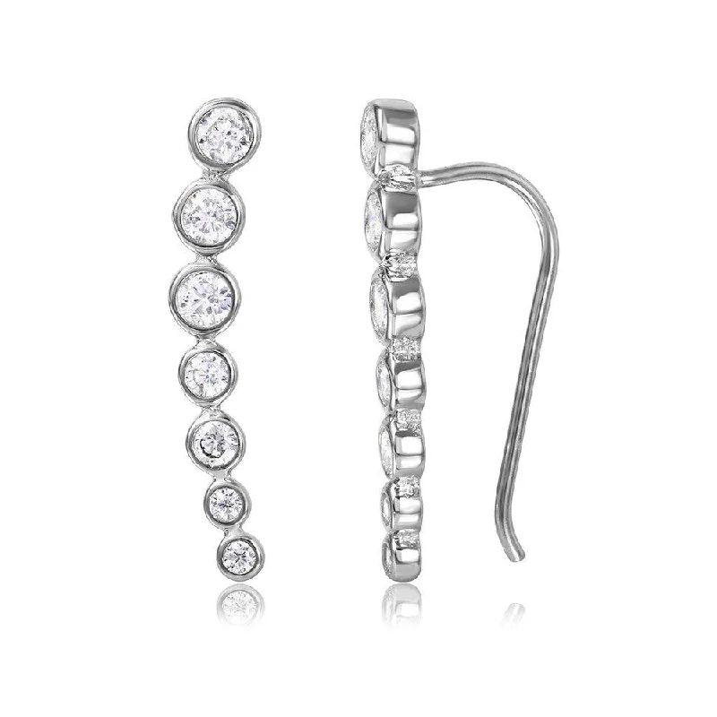 Ladies earrings e-commerce store finds-Silver 925 Rhodium Plated Graduated Round CZ Climbing Earrings - STE01065