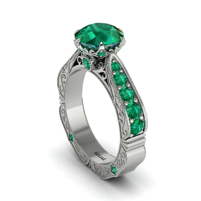 Ladies engagement rings couple halo bands-Emerald Victorian Scroll Engagement Ring - Kehlani No. 21