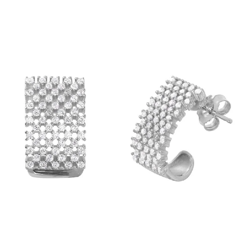 Ladies earrings easy care earrings-Silver 925 Rhodium Plated Thick Checkered CZ Semi-huggie hoops Earrings - ACE00083RH