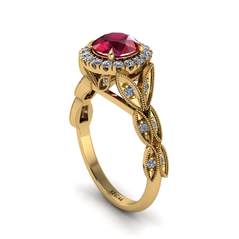 Ladies engagement rings vintage charm-Ruby Halo Nature Inspired Leaf Engagement Ring - Alessandra No. 10