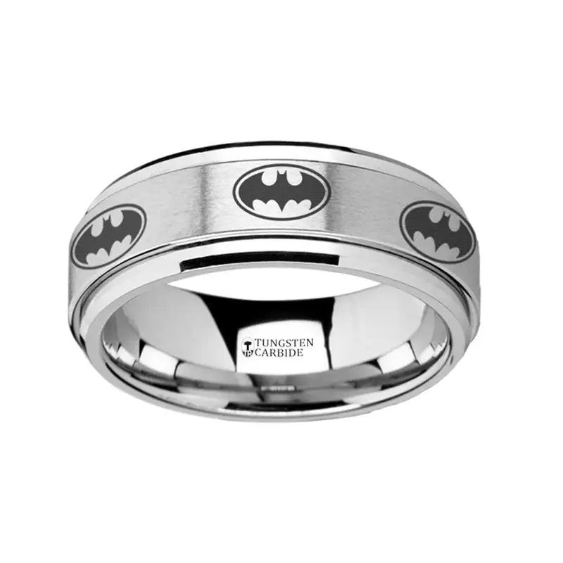 Ladies rings layered look designs-Thorsten Batman Symbol Tungsten Carbide Spinner Wedding Band - 8mm