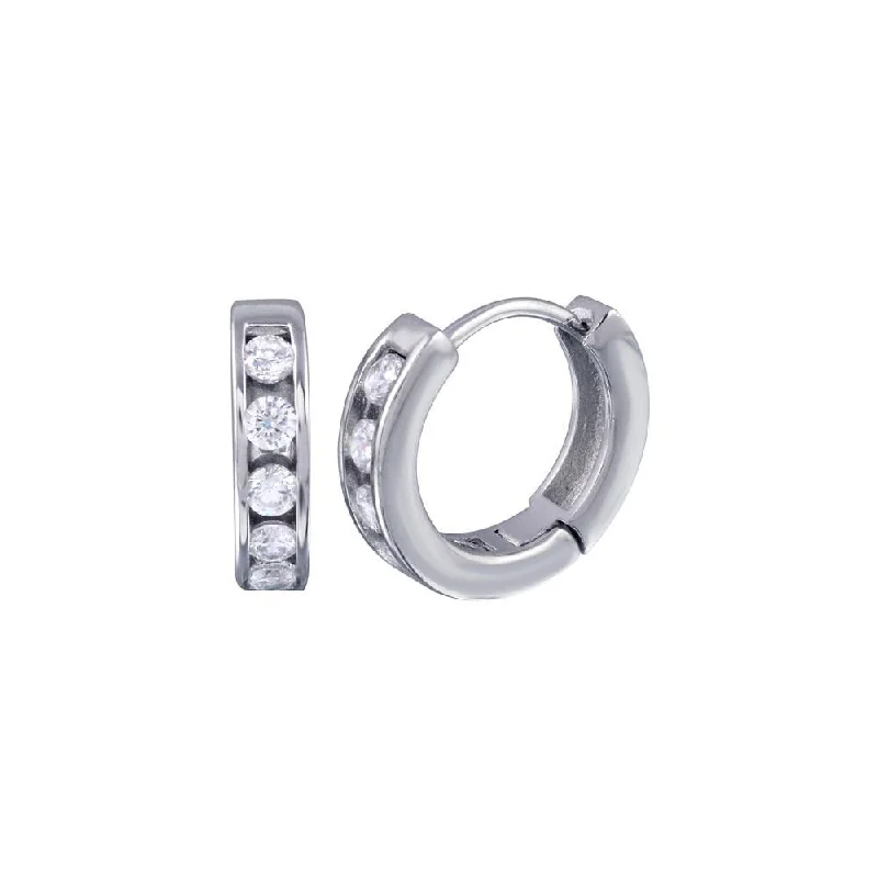 Ladies earrings bold weight earrings-Silver 925 Rhodium Plated Channel Clear CZ huggie hoop Earrings - AAE00008-10MM