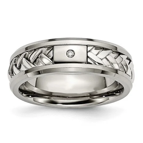 Ladies rings birth month styles-Titanium with Sterling Silver Inlay Diamond 7mm Band