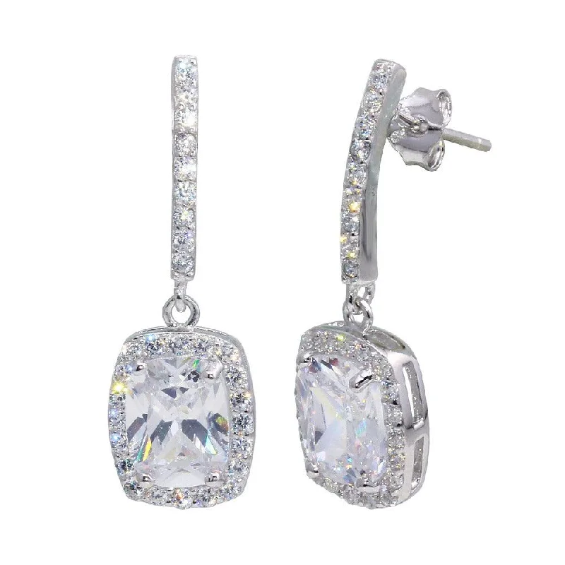 Ladies earrings loose drop styles-Rhodium Plated 925 Sterling Silver Dangling Square CZ Earrings - BGE00380