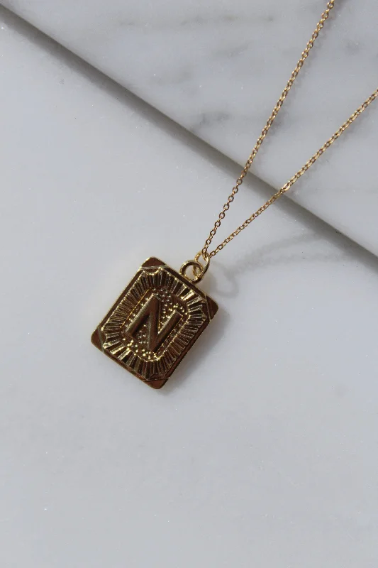 ladies necklace ornate topaz-Gold Rectangle Block Letter Necklace