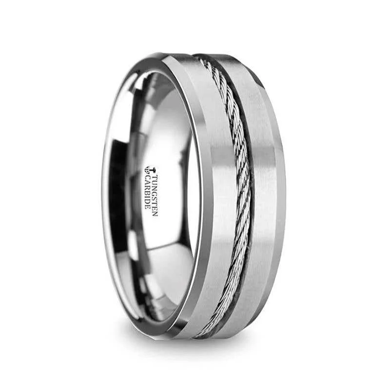 Ladies rings loose style rings-Thorsten LANNISTER Tungsten Flat Wedding Band with Steel Wire Cable Inlay & Beveled Edges - 8mm