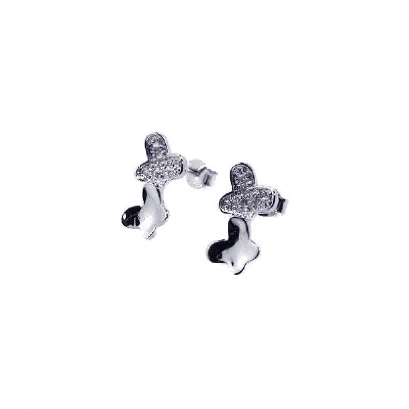 Ladies earrings travel-friendly designs-Silver 925 Rhodium Plated Two Wavy Flat Butterfly CZ Stud Earrings - STE00281