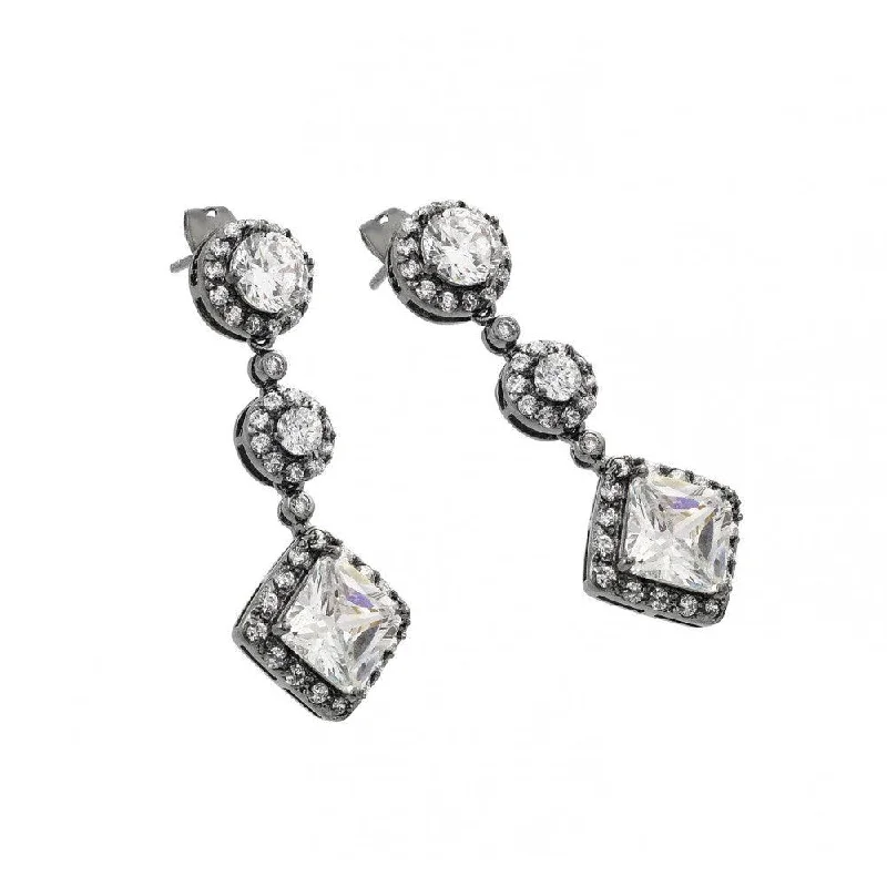 Ladies earrings sister matching sets-Silver 925 Rhodium Plated Graduated Round Square CZ Stud Earrings BGE00279