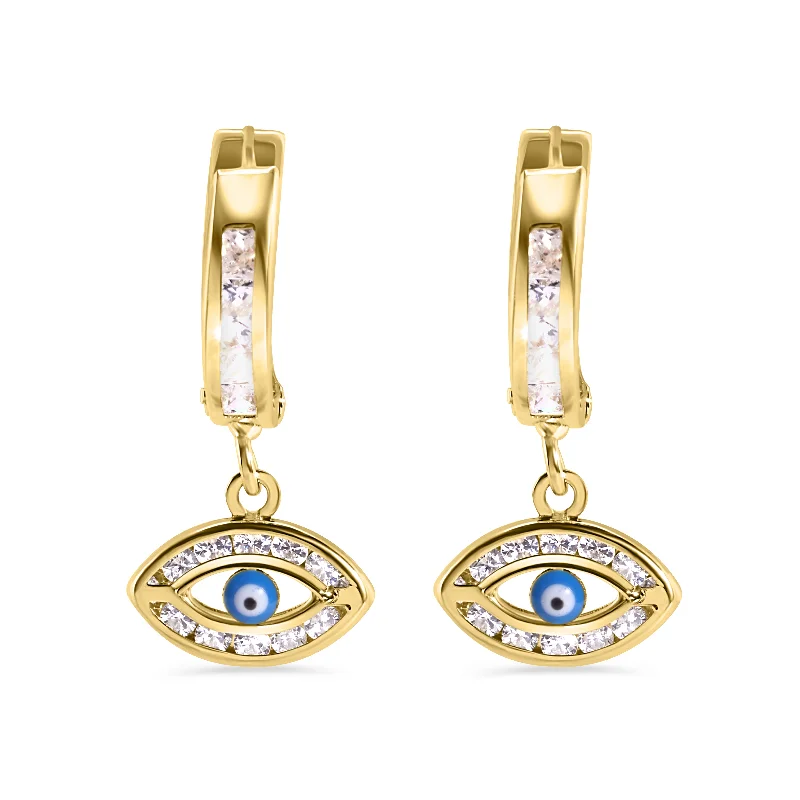 Ladies earrings asscher cut styles-14E00457. - 14 Karat Yellow Gold 11.7mm Hoop Studded Clear CZ Evil Eye Latch Box Earrings