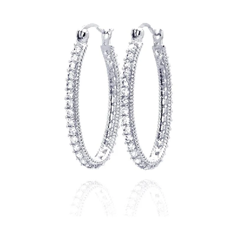 Ladies earrings travel-friendly designs-Silver 925 Rhodium Plated Round CZ Hoop Earrings - STE00452