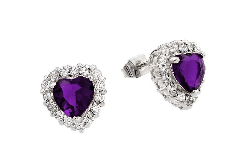 Ladies earrings elegant gold designs-Silver 925 Rhodium Plated Purple Heart CZ Stud Earrings - BGE00367P