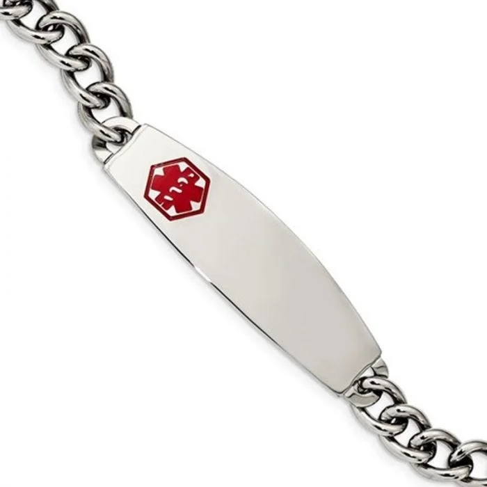 ladies bracelet birthstone flower-Stainless Steel with Red Enamel Engravable Medical ID Bracelet - 8.5in