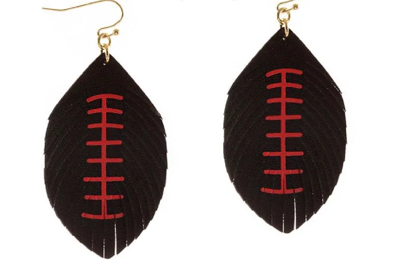 Ladies earrings princess cut designs-Feathered Football Leather Sport Earrings Red and Black