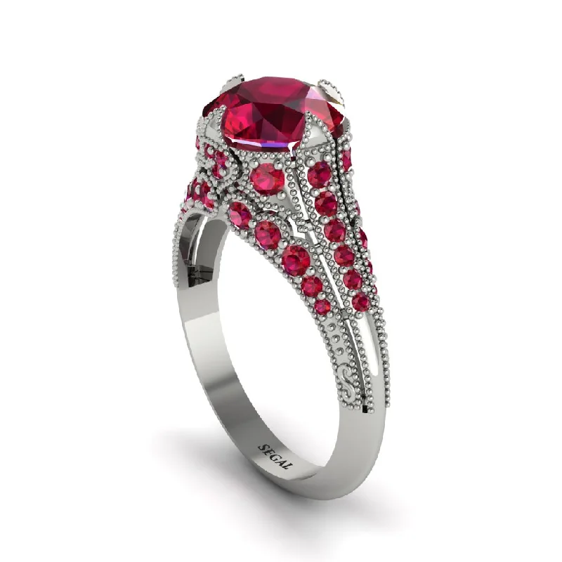 Ladies engagement rings Asian diamond designs-Ruby Vintage Crown Engagement Ring - Talia No. 57