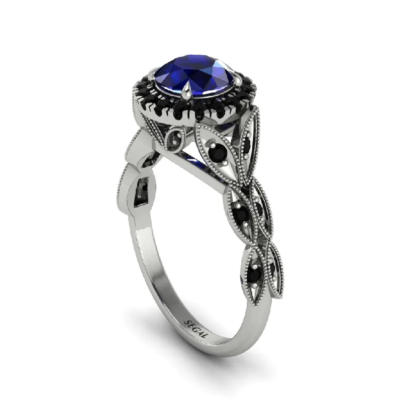 Ladies engagement rings worldwide appeal-Sapphire Halo Nature Inspired Leaf Engagement Ring - Alessandra No. 45