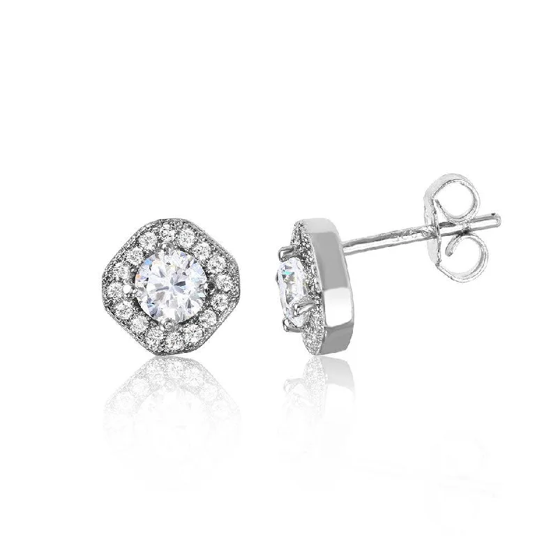 Ladies earrings turquoise detail styles-Silver 925 Rhodium Plated Round Halo Earrings - STE01040