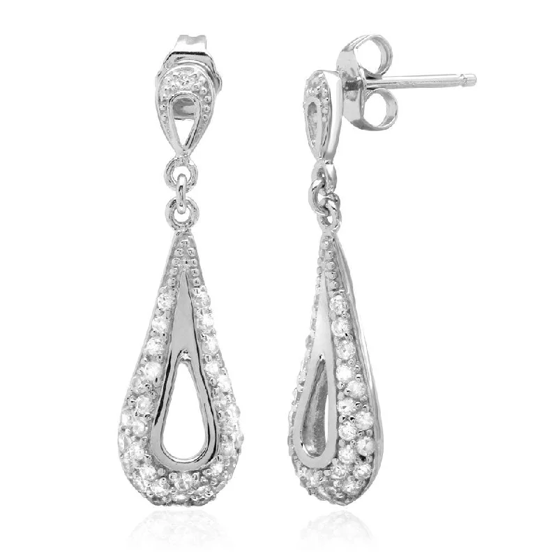 Ladies earrings animal-inspired themes-Rhodium Plated 925 Sterling Silver Dangling Open Teardrop Earrings with CZ - ACE00034