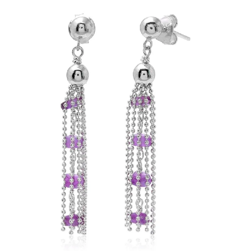 Ladies earrings Italian crafted earrings-Rhodium Plated 925 Sterling Silver Dropped Bead Chain and Purple Bead Earrings - DIE00004RH-AM