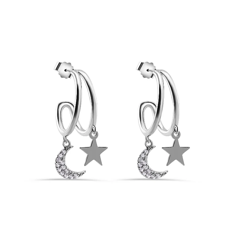 Ladies earrings rustic charm styles-Rhodium Plated 925 Sterling Silver Moon and Star Hoop Earring - STE01383