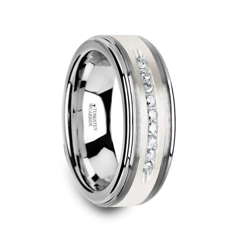 Ladies rings ruby gem accents-Thorsten HARPER Tungsten Wedding Band with Raised Center & Brushed Silver Inlay and 9 Channel Set White Diamonds - 8mm