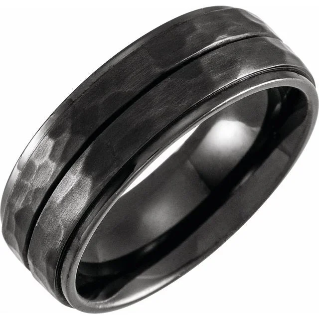 Ladies rings channel set rings-Black Titanium 8 mm Grooved Flat Edge Band