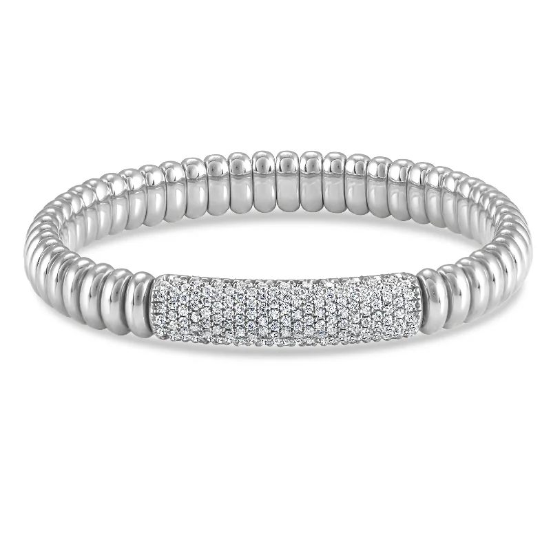 ladies bracelet high-end flower-Hulchi Belluni Bracelet with Pave Diamond ID Bar White Gold Stretch Stackable 22344-WW