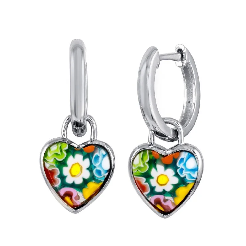 Ladies earrings sustainable jewelry designs-Rhodium Plated 925 Sterling Silver Murano Glass Heart Shaped huggie hoop Earring - ME00001