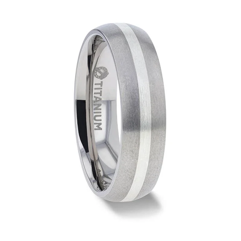 Ladies rings radiant shine styles-Thorsten REN Sterling Silver Inlay Titanium Wedding Band with Domed Brushed finished Edges - 6mm & 8mm