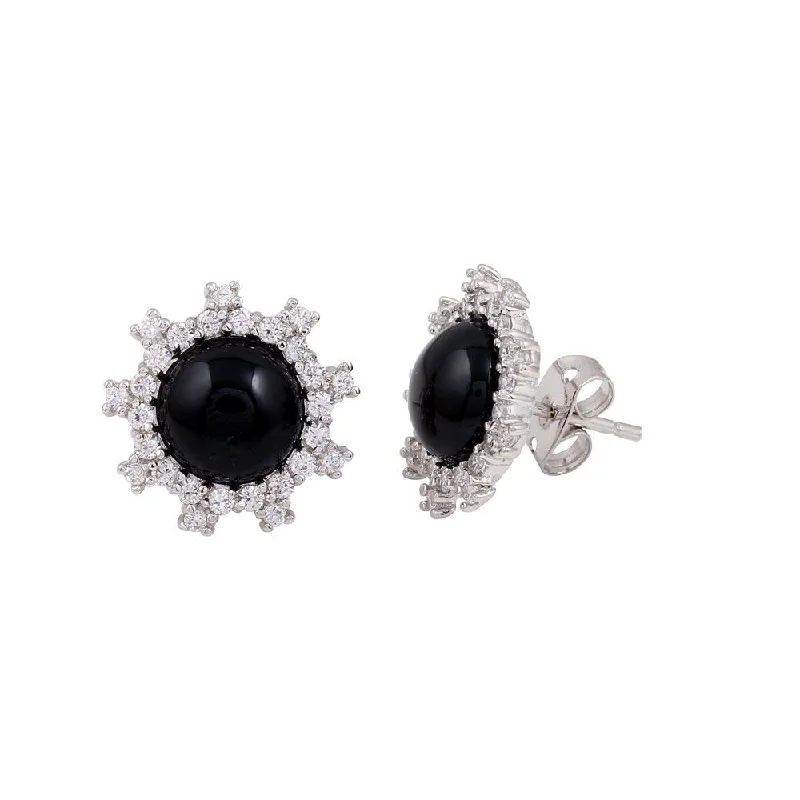 Ladies earrings garnet red earrings-Rhodium Plated 925 Sterling Silver Black Flower Stud Earrings with CZ - BGE00428