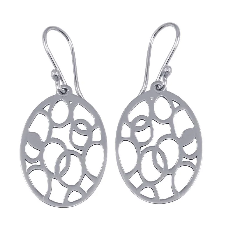 Ladies earrings knot symbol designs-Rhodium Plated 925 Sterling Silver Dangling Flat Oval Earrings with Circle Designs - TRE00009