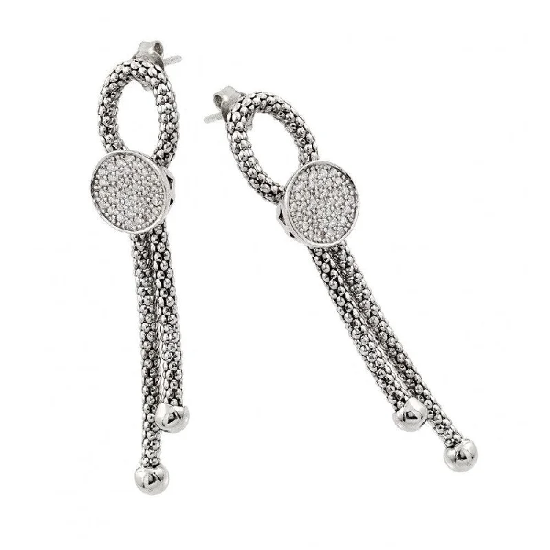 Ladies earrings openwork pattern styles-Silver 925 Rhodium Plated Dangling Ribbon Center Circle CZ Inlay Dangling Stud Earrings - ECE010RH