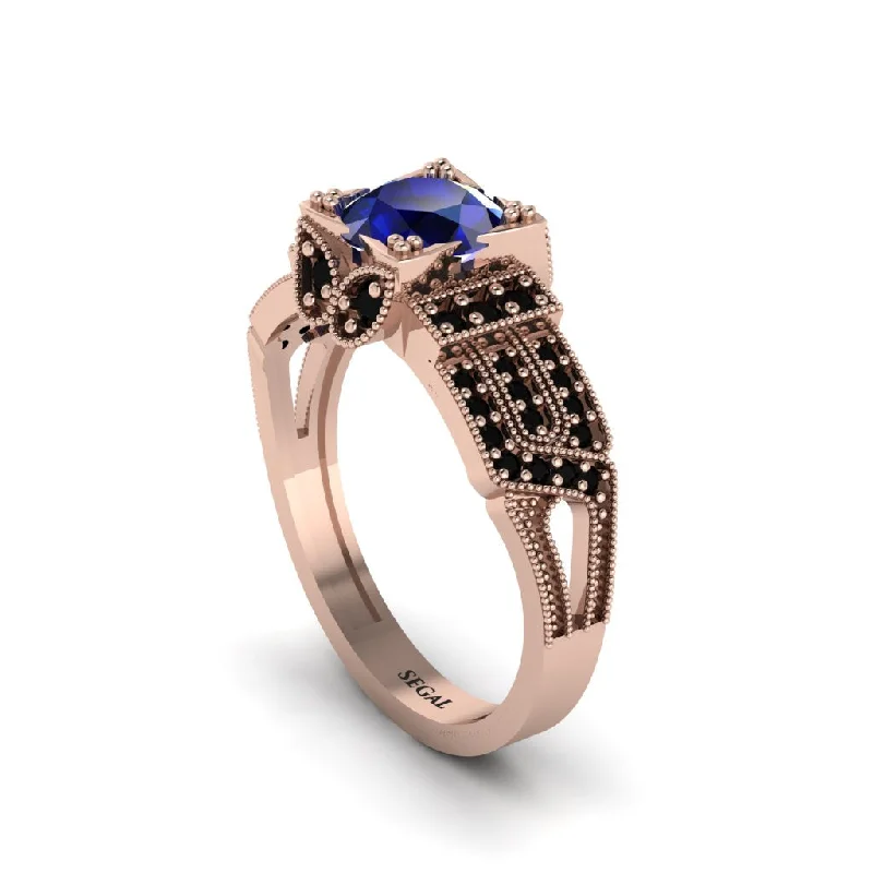 Ladies engagement rings limited run solitaires-Sapphire Milgrain Gold Engagement Ring - Lyric No. 44