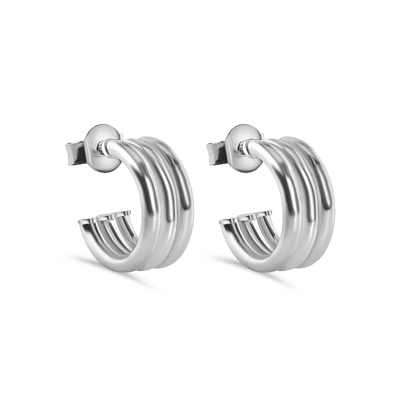 Ladies earrings Celtic knot earrings-Rhodium Plated 925 Sterling Silver Triple Semi Hoop Stud Earring - ARE00044RH