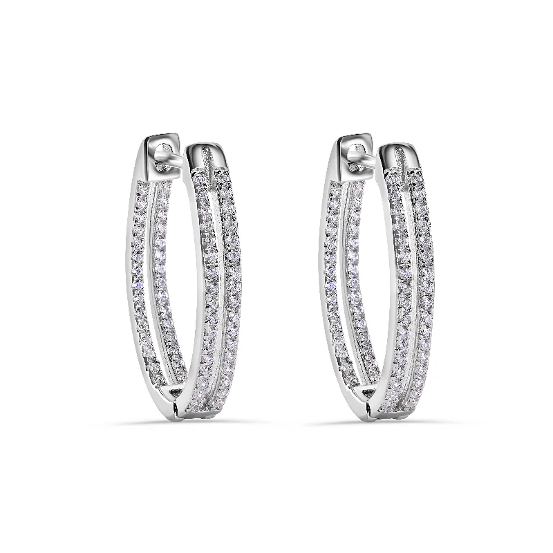 Ladies earrings cute playful accents-Rhodium Plated 925 Sterling Silver Pave Double Clear CZ Hoop Earring - STE01387