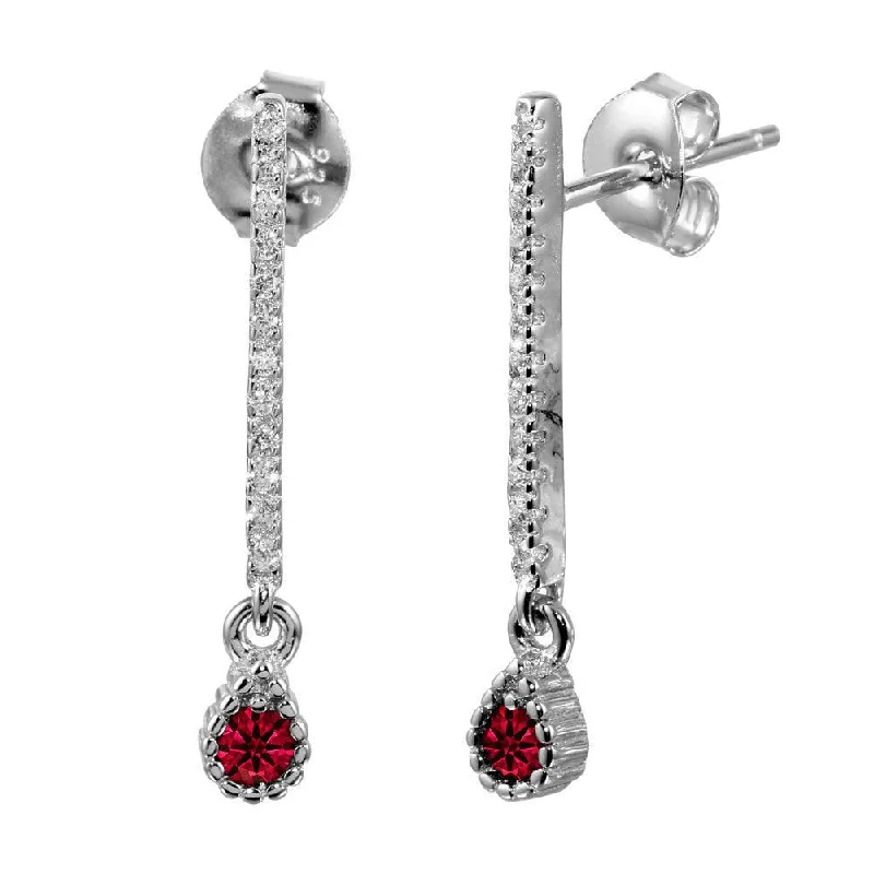 Ladies earrings white gold styles-Rhodium Plated 925 Sterling Silver Red CZ Bar Drop Earrings - BGE00557RED