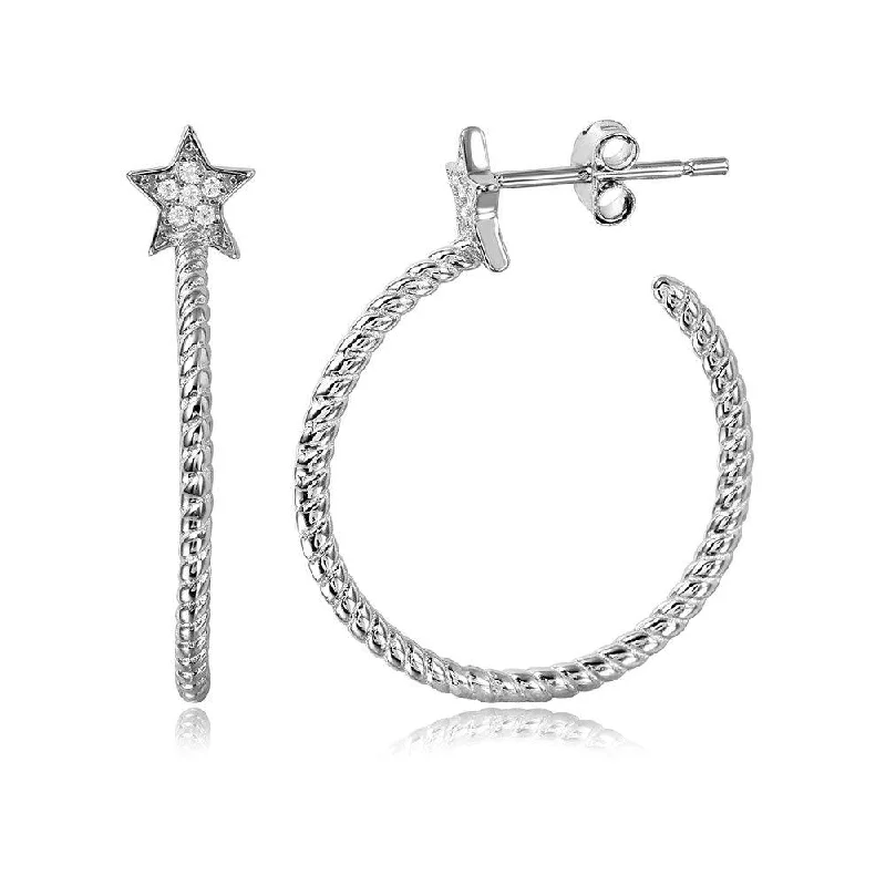 Ladies earrings delicate drop styles-Silver 925 Rhodium Plated Rope Designed Semi Hoop Earrings on a CZ Star - STE01058