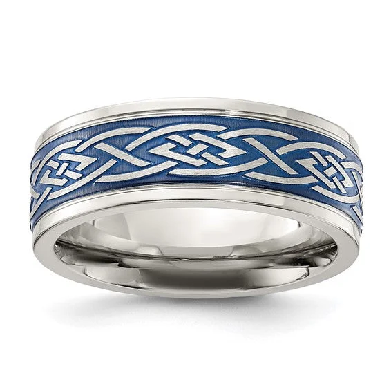 Ladies rings polished shiny designs-Stainless Steel Polished Blue IP-plated Celtic Design 8mm Band