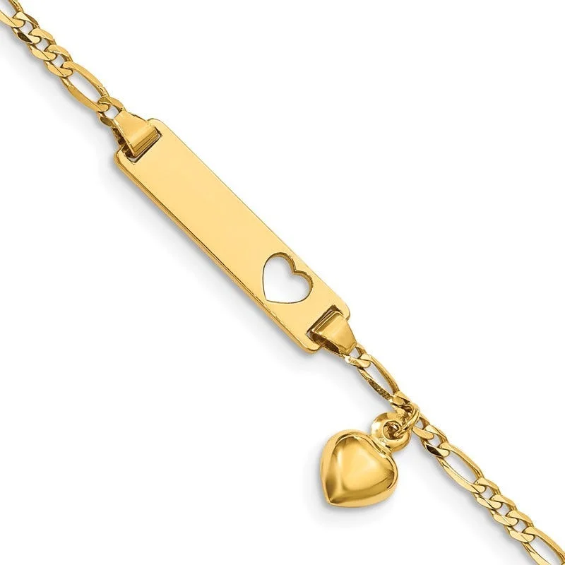 ladies bracelet spring butterfly-14k Cut-out Heart w/Dangling Heart Children's Figaro Link ID Bracelet