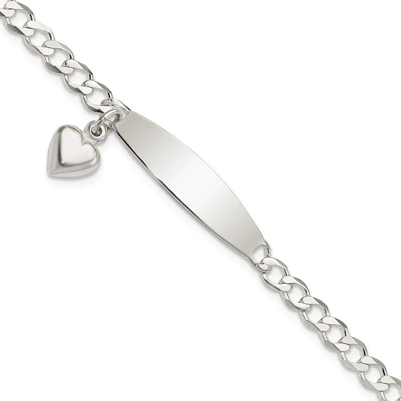 ladies bracelet subtle braided-Sterling Silver Polished Curb Link ID Heart Dangle 8.5in Bracelet